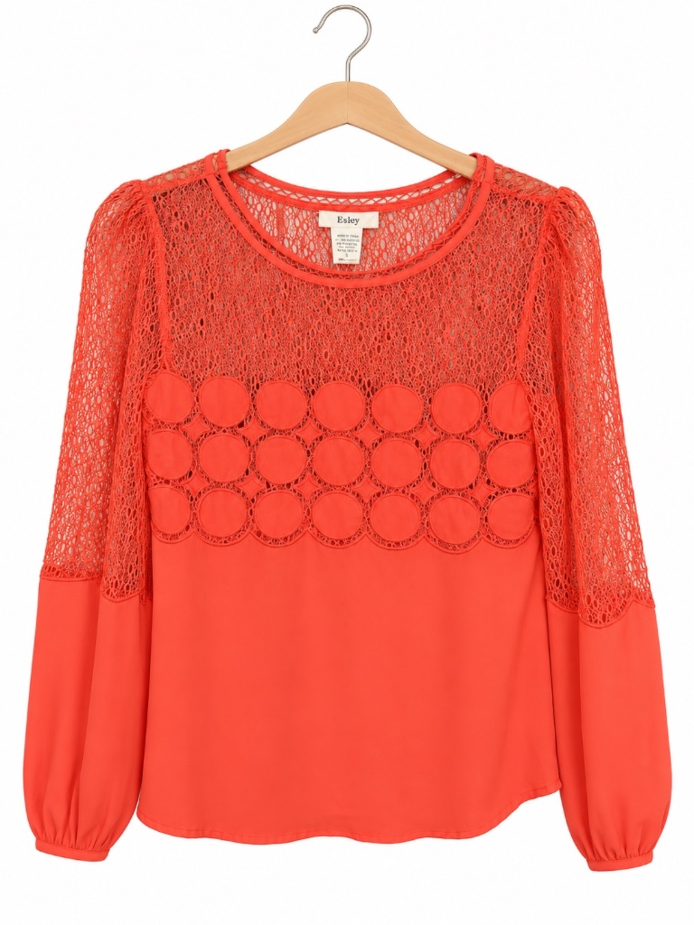 Esley Coral Orange Lace Blouse Medium Sheer Long Sleeve Circle Round Neck NWOT